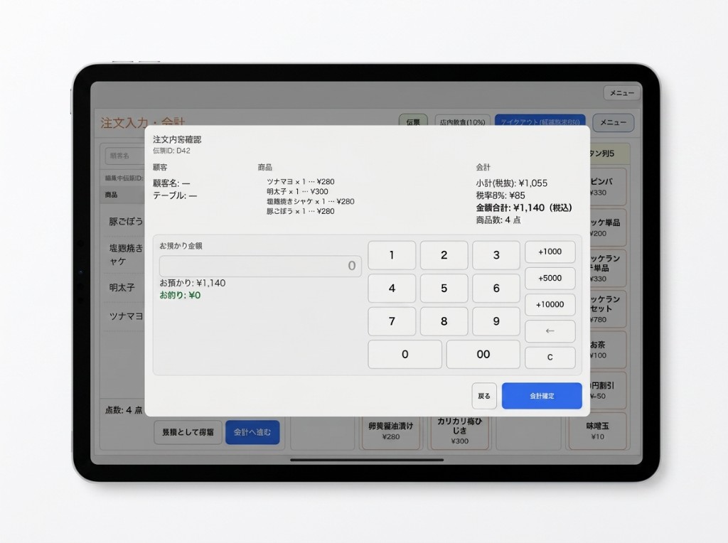 お預かり・お釣り入力で精算する注文内容確認画面