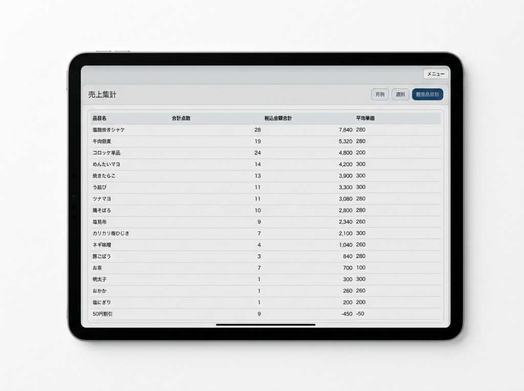 月別・週別・販売品目別の売上集計画面