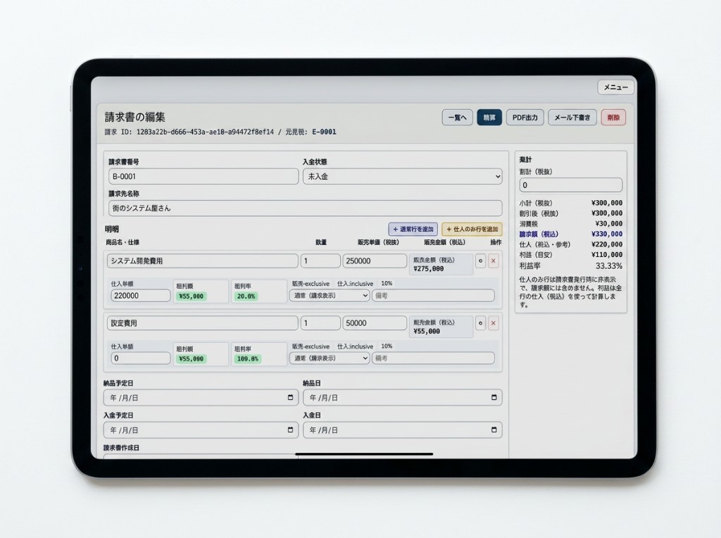 請求書編集・利益率表示画面